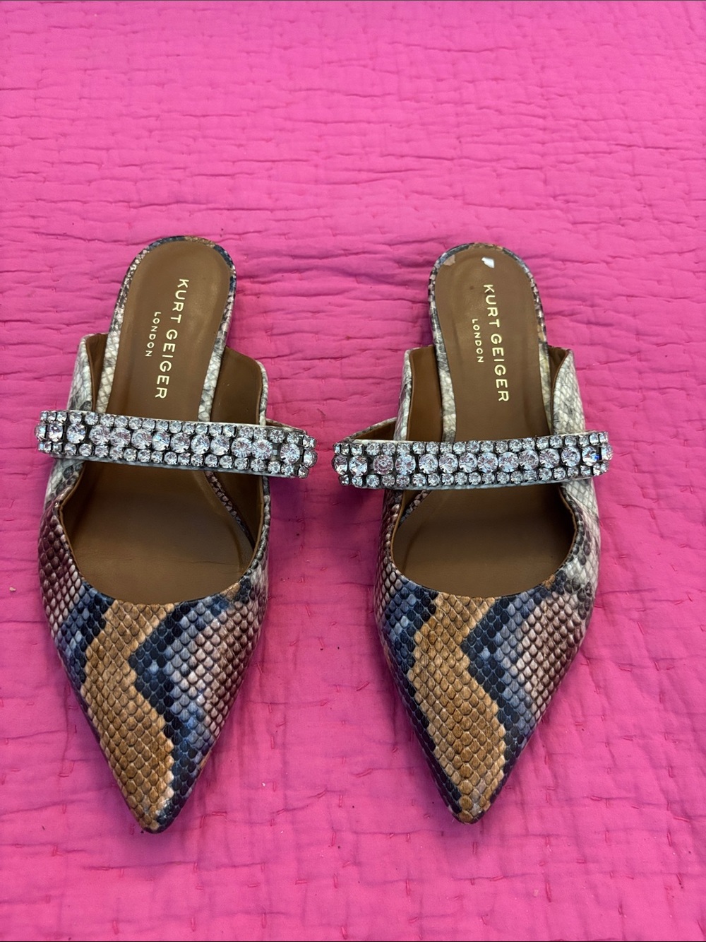 Kurt Geiger Snake-Print Pointed Mules with Crystal Strap - Tan, Black, Blue, US9